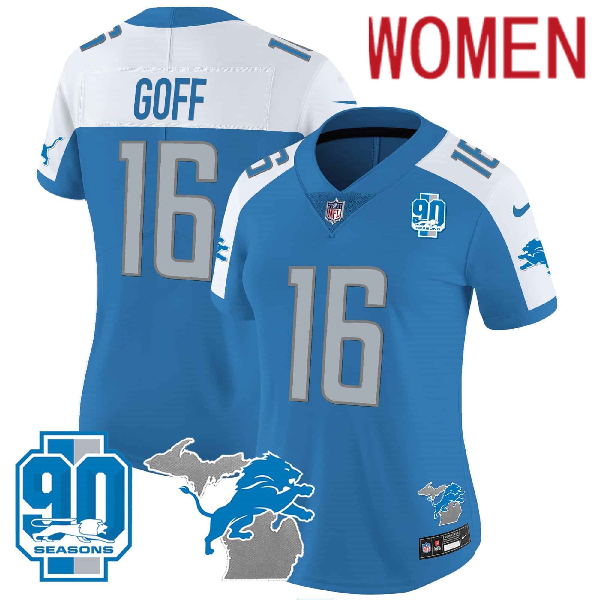 Women Detroit Lions #16 Goff Blue 2024 Nike 90th Year Michigan Patch Vapor NFL Jersey